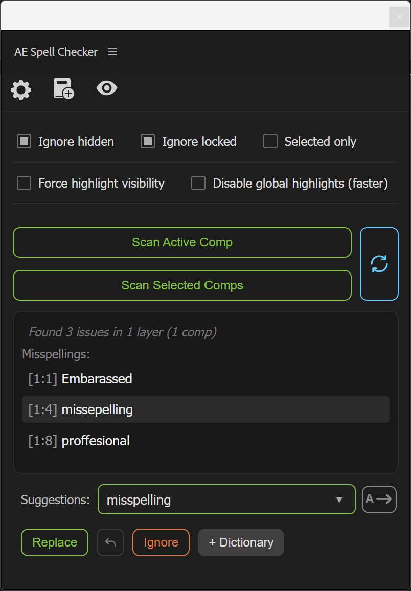 AE Spell Checker panel showing five spelling issues and a correction suggestion selected.