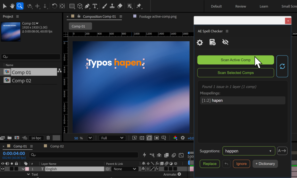 AE Spell Checker scanning the active comp with misspellings shown in the panel and the composition visible in After Effects.