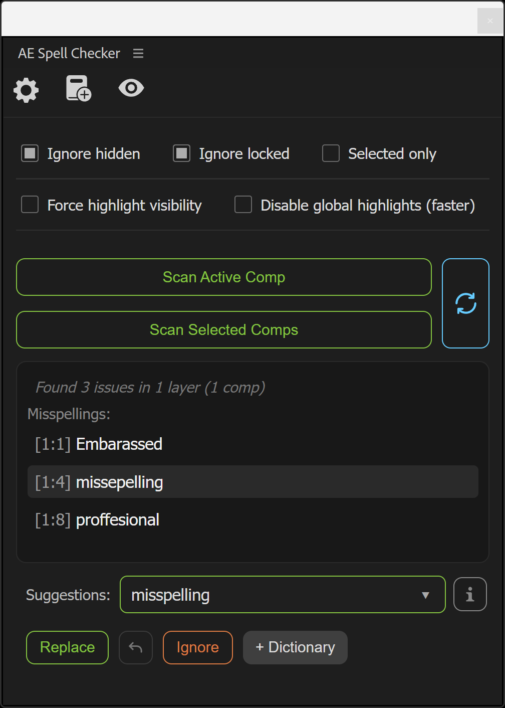 AE Spell Checker panel showing five spelling issues and a correction suggestion selected.