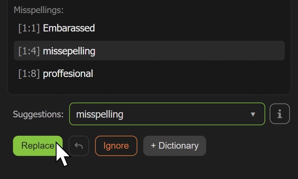 AE Spell Checker suggestion field and Replace button ready to correct the selected misspelling.