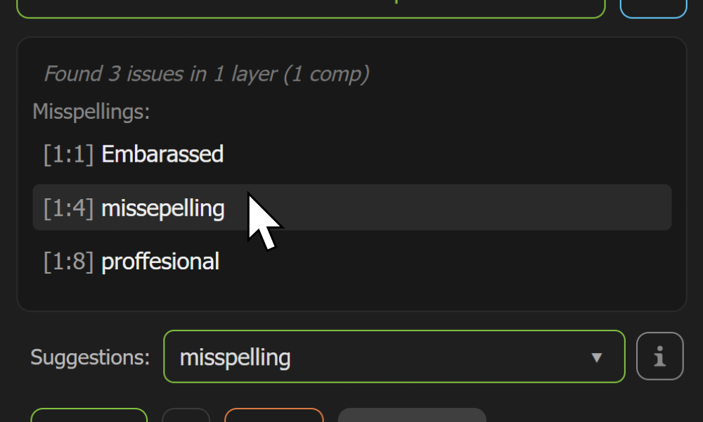 AE Spell Checker misspellings list with one issue selected for review.