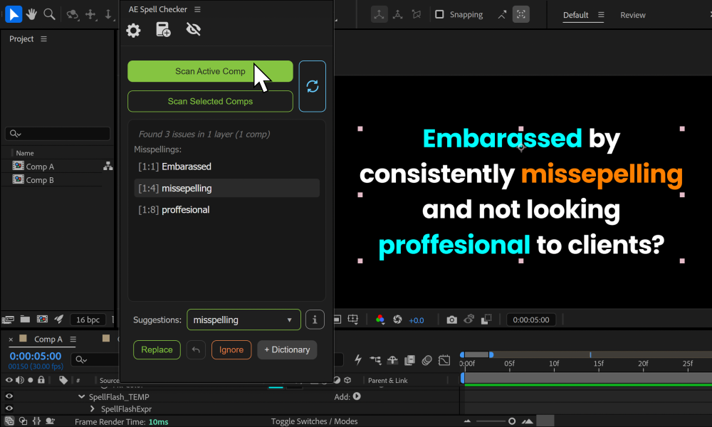 AE Spell Checker scanning the active comp with misspellings shown in the panel and the composition visible in After Effects.