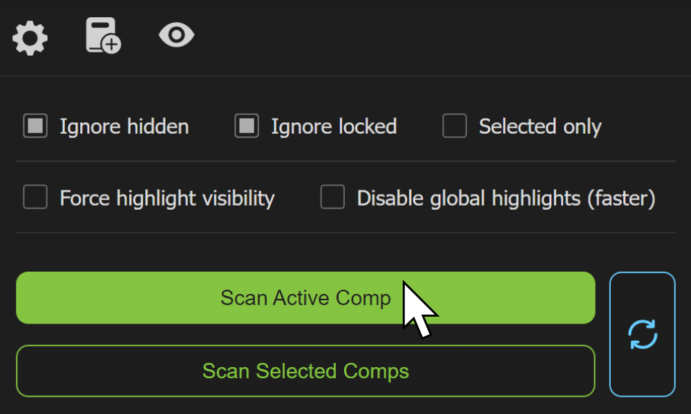 AE Spell Checker Scan Active Comp button highlighted with the mouse cursor over it.