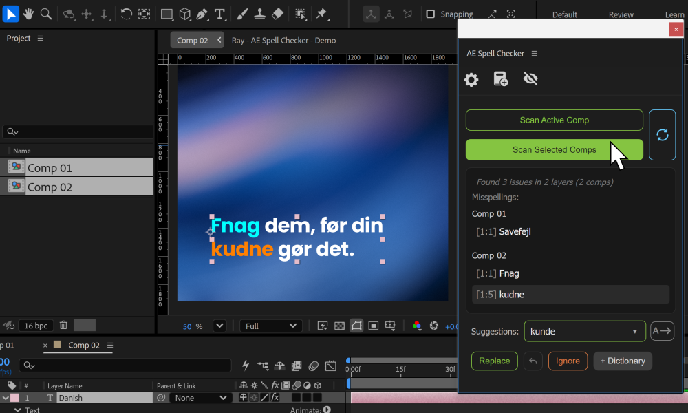 Engelsk skærmbillede af AE Spell Checker i Adobe After Effects.