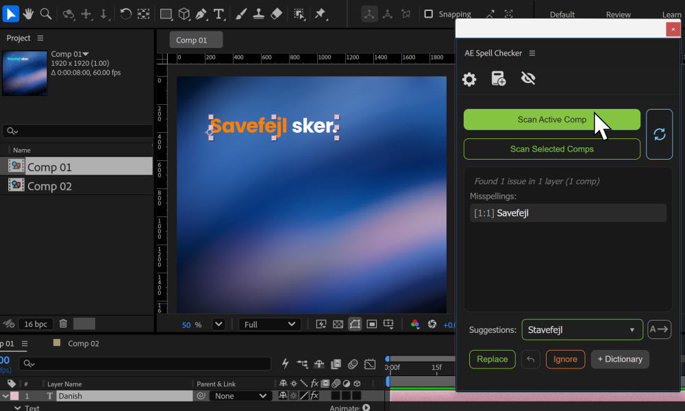 Engelsk skærmbillede af AE Spell Checker i Adobe After Effects.