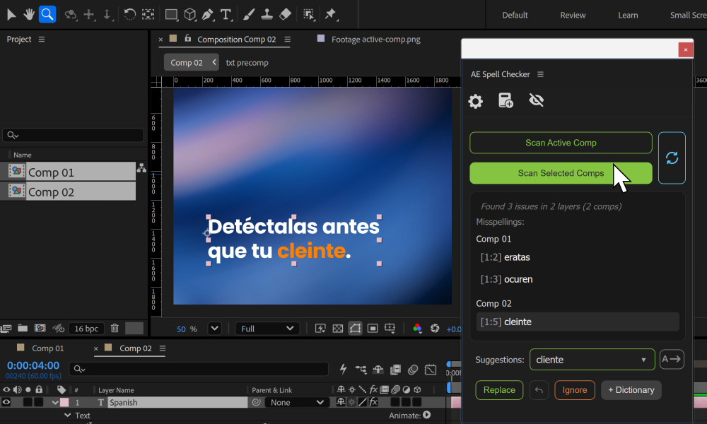 AE Spell Checker analizando composiciones seleccionadas, con resultados agrupados y varias composiciones seleccionadas en el panel Proyecto.