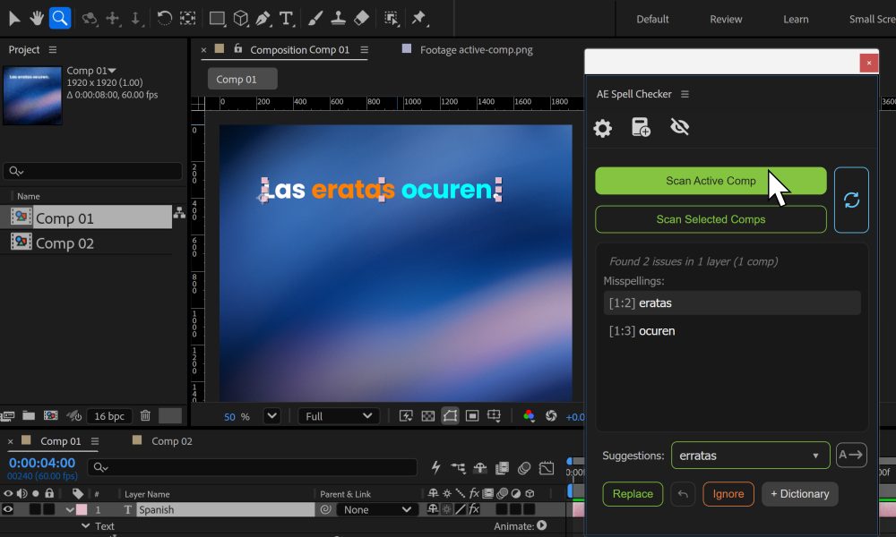 AE Spell Checker analizando la composición activa, con los errores en el panel y la composición visible en After Effects.