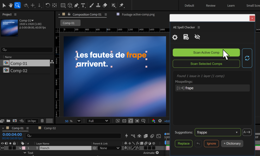 AE Spell Checker analysant la composition active, avec les erreurs dans le panneau et la composition visible dans After Effects.