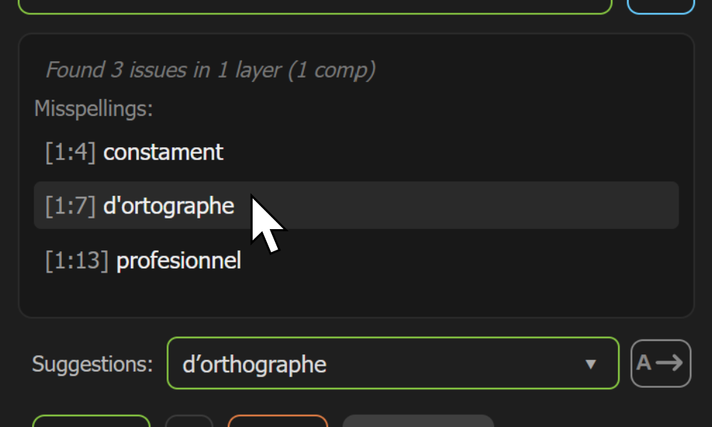Liste des erreurs orthographiques d’AE Spell Checker avec une erreur sélectionnée.