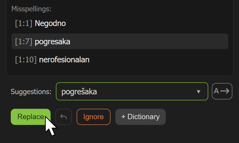 Engleska snimka zaslona dodatka AE Spell Checker u programu Adobe After Effects.