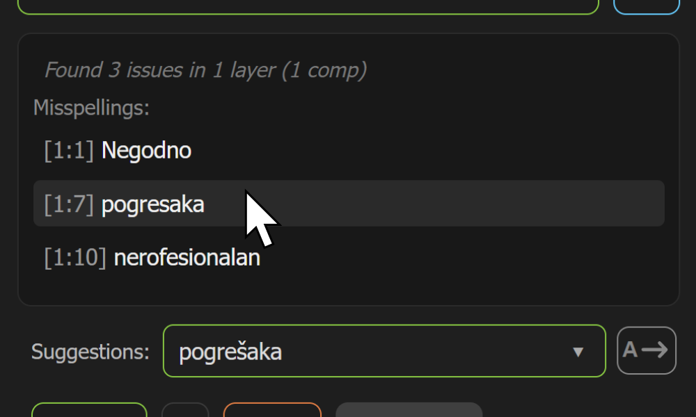 Engleska snimka zaslona dodatka AE Spell Checker u programu Adobe After Effects.
