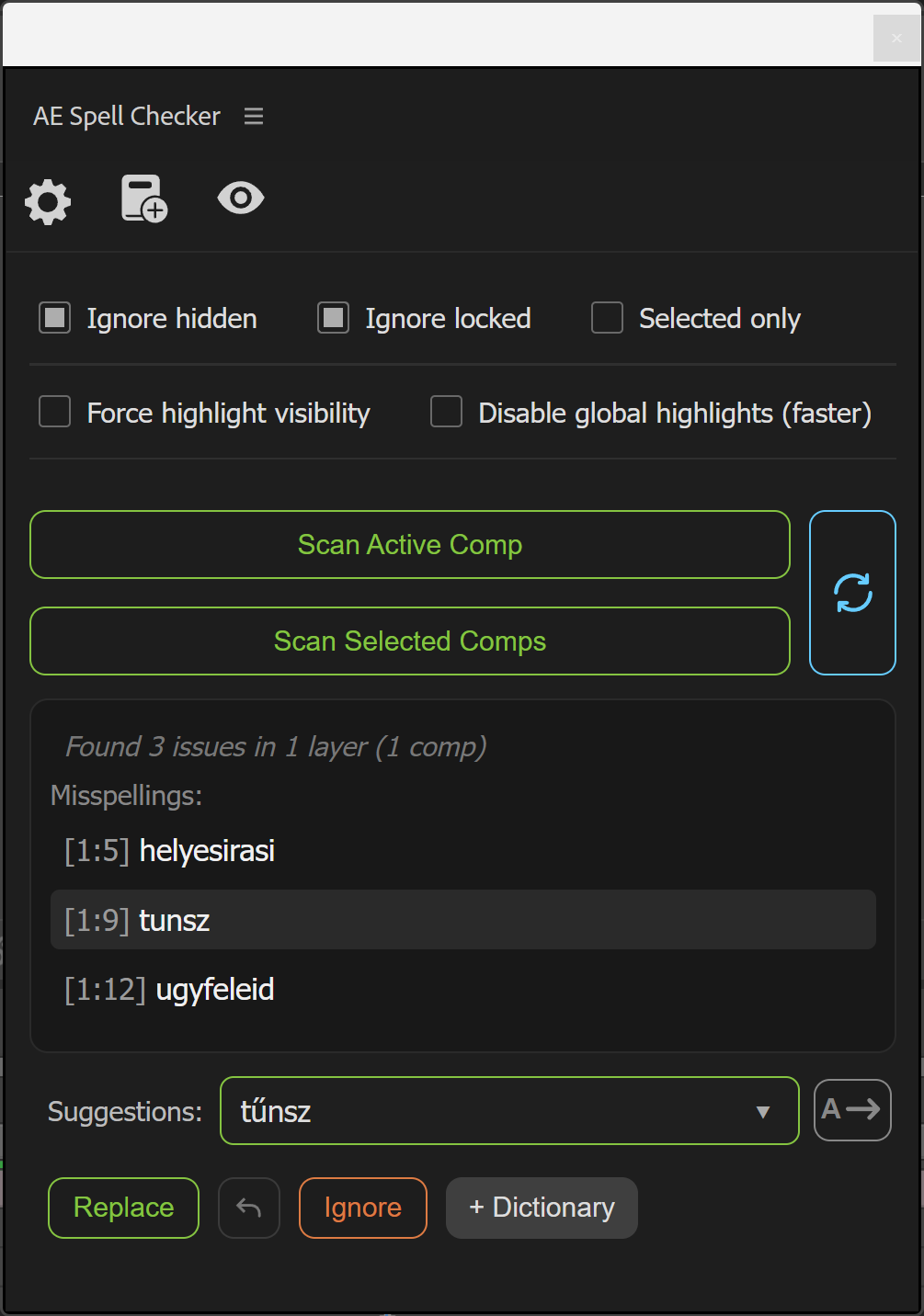 Angol nyelvű képernyőkép az AE Spell Checker panelről az Adobe After Effectsben.