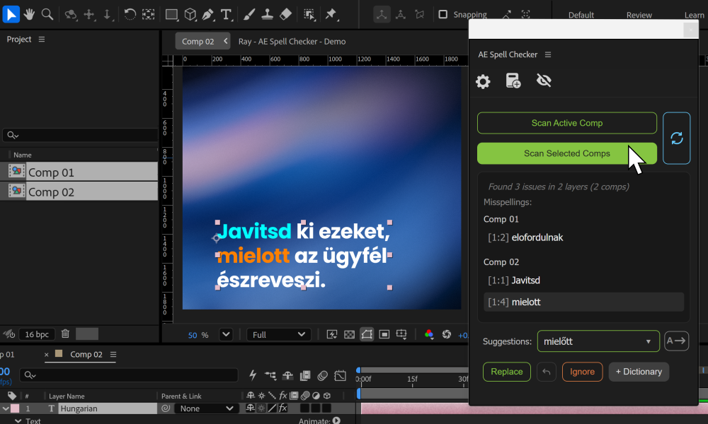 Angol nyelvű képernyőkép az AE Spell Checker panelről az Adobe After Effectsben.