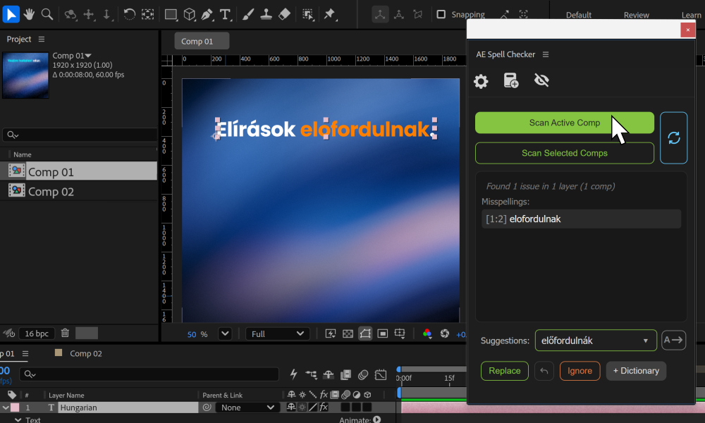 Angol nyelvű képernyőkép az AE Spell Checker panelről az Adobe After Effectsben.