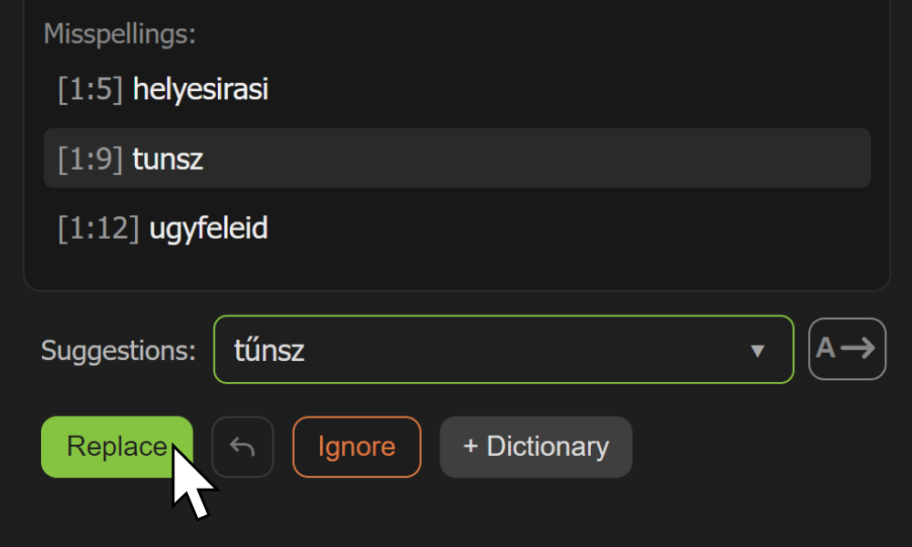 Angol nyelvű képernyőkép az AE Spell Checker panelről az Adobe After Effectsben.