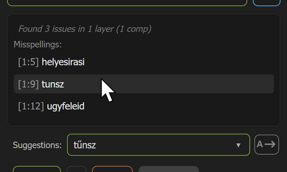 Angol nyelvű képernyőkép az AE Spell Checker panelről az Adobe After Effectsben.