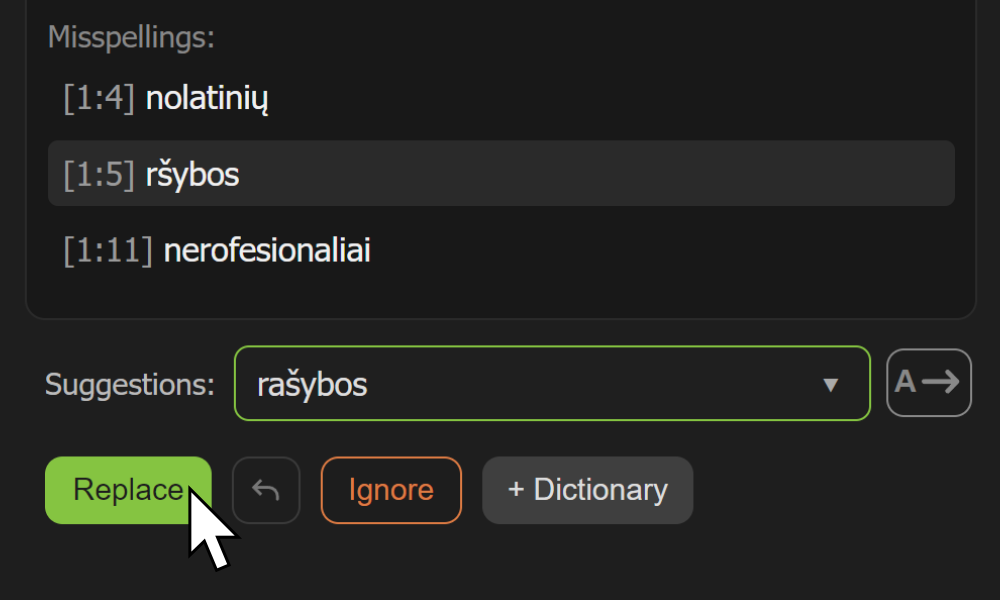 Angliška AE Spell Checker sąsajos ekrano kopija „Adobe After Effects“ programoje.