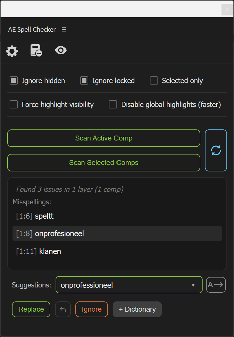 AE Spell Checker-paneel met vijf spelfouten en een geselecteerde correctiesuggestie.