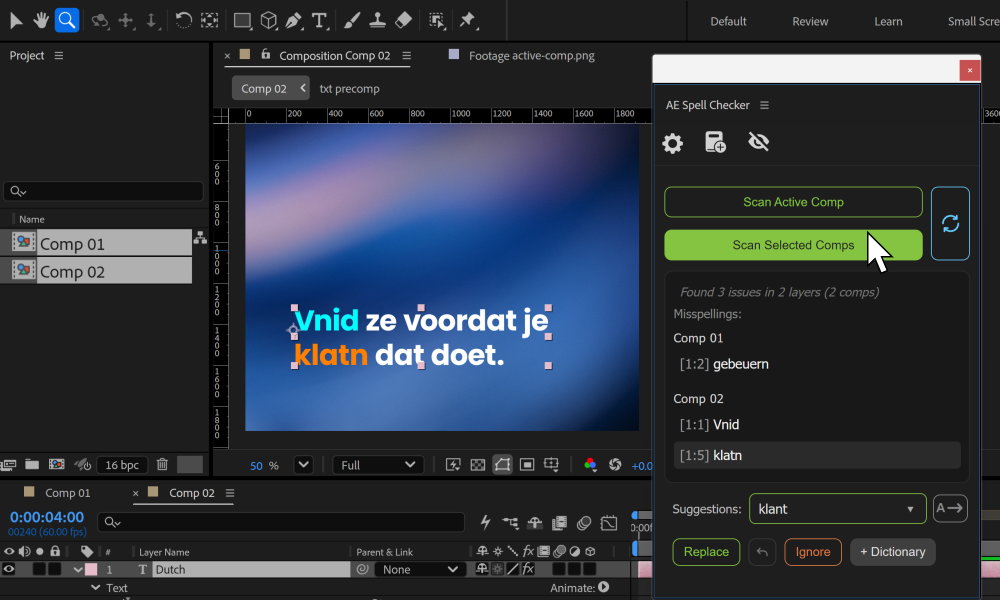 AE Spell Checker scant geselecteerde composities, met gegroepeerde resultaten en meerdere geselecteerde composities in het projectpaneel.