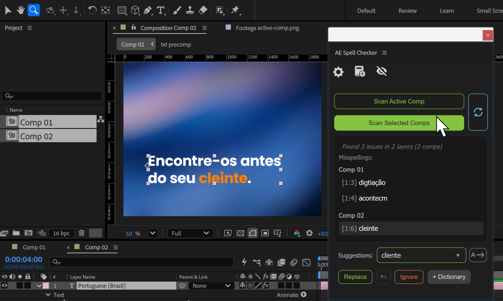 AE Spell Checker analisando composições selecionadas, com resultados agrupados e várias composições selecionadas no painel Projeto.