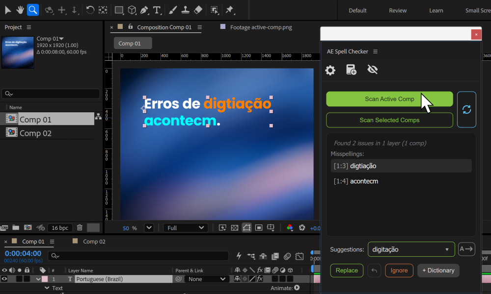 AE Spell Checker analisando a composição ativa, com os erros no painel e a composição visível no After Effects.