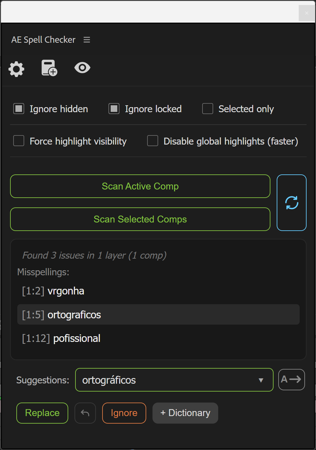 Captura de ecrã em inglês do painel AE Spell Checker no Adobe After Effects.