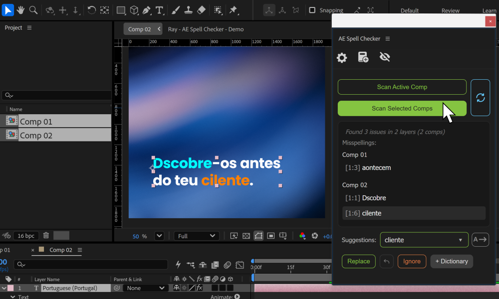 Captura de ecrã em inglês do painel AE Spell Checker no Adobe After Effects.