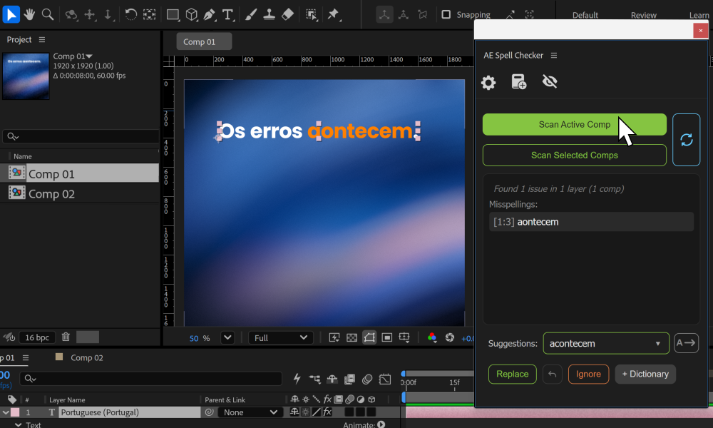 Captura de ecrã em inglês do painel AE Spell Checker no Adobe After Effects.
