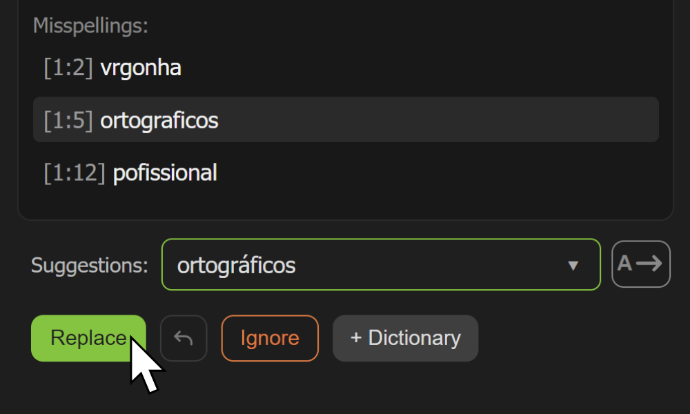 Captura de ecrã em inglês do painel AE Spell Checker no Adobe After Effects.