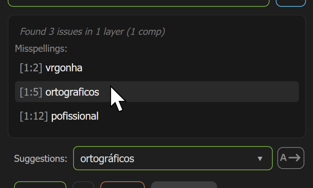Captura de ecrã em inglês do painel AE Spell Checker no Adobe After Effects.