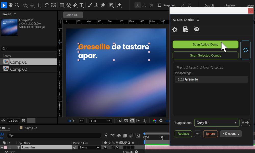 Captură în limba engleză a panoului AE Spell Checker din Adobe After Effects.