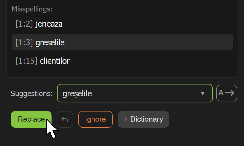 Captură în limba engleză a panoului AE Spell Checker din Adobe After Effects.