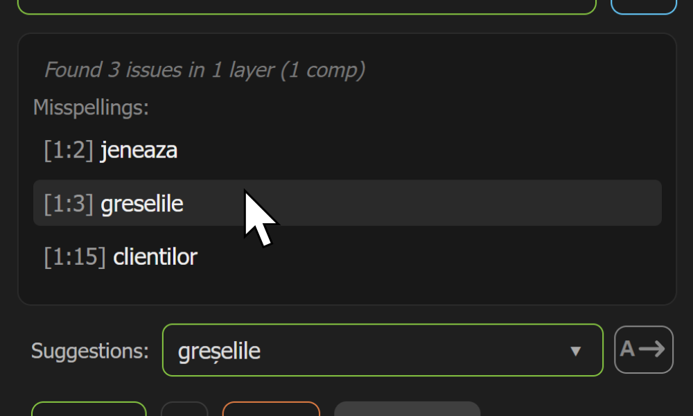 Captură în limba engleză a panoului AE Spell Checker din Adobe After Effects.