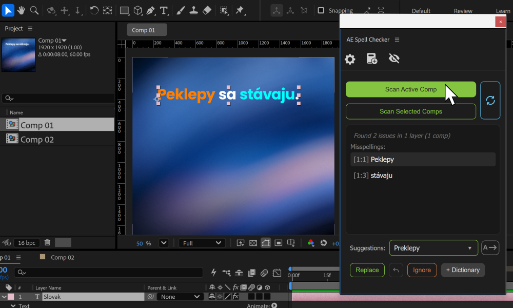 Anglická snímka obrazovky doplnku AE Spell Checker v Adobe After Effects.