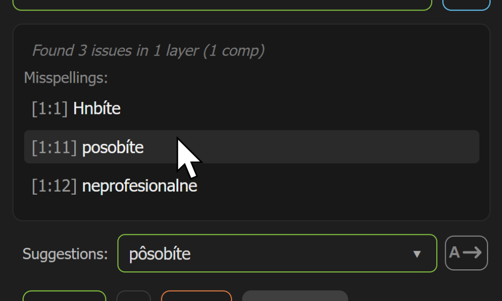 Anglická snímka obrazovky doplnku AE Spell Checker v Adobe After Effects.