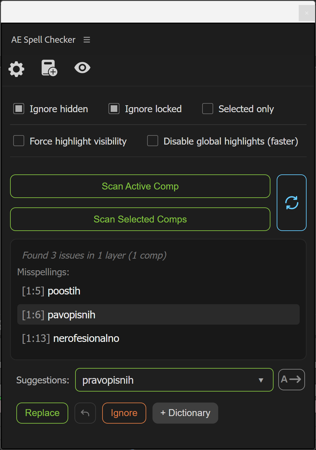 Angleški posnetek zaslona AE Spell Checker v Adobe After Effects.