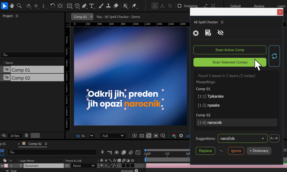 Angleški posnetek zaslona AE Spell Checker v Adobe After Effects.