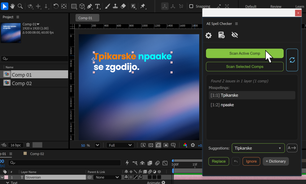 Angleški posnetek zaslona AE Spell Checker v Adobe After Effects.