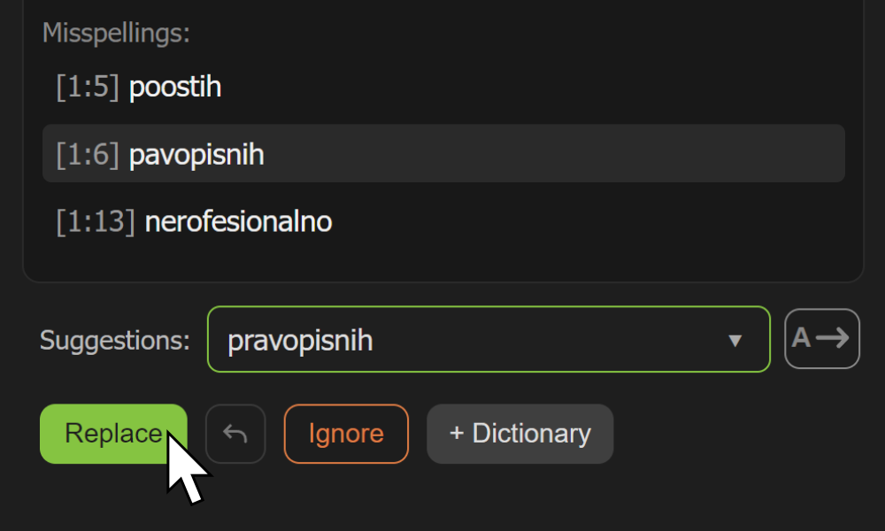 Angleški posnetek zaslona AE Spell Checker v Adobe After Effects.