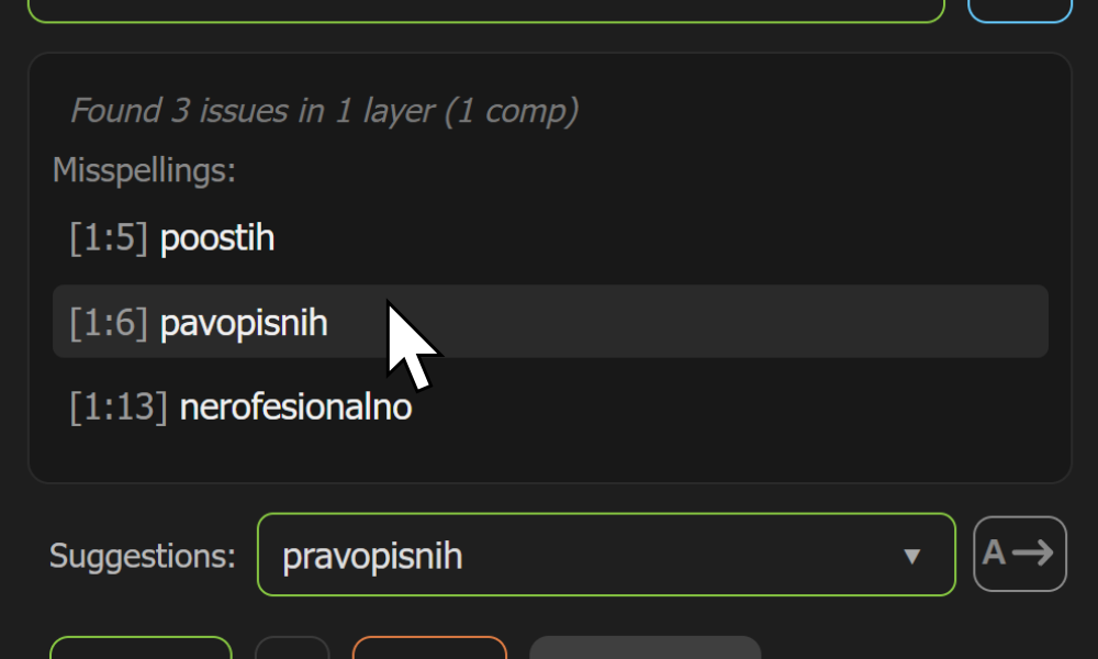 Angleški posnetek zaslona AE Spell Checker v Adobe After Effects.