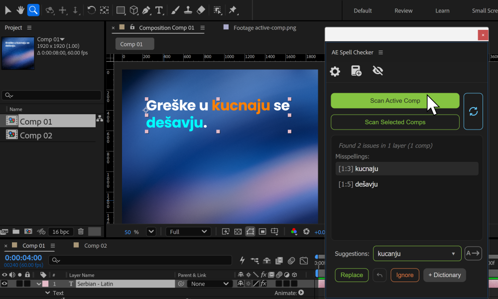 AE Spell Checker proverava aktivnu kompoziciju: greške su prikazane u panelu, a kompozicija u programu After Effects.