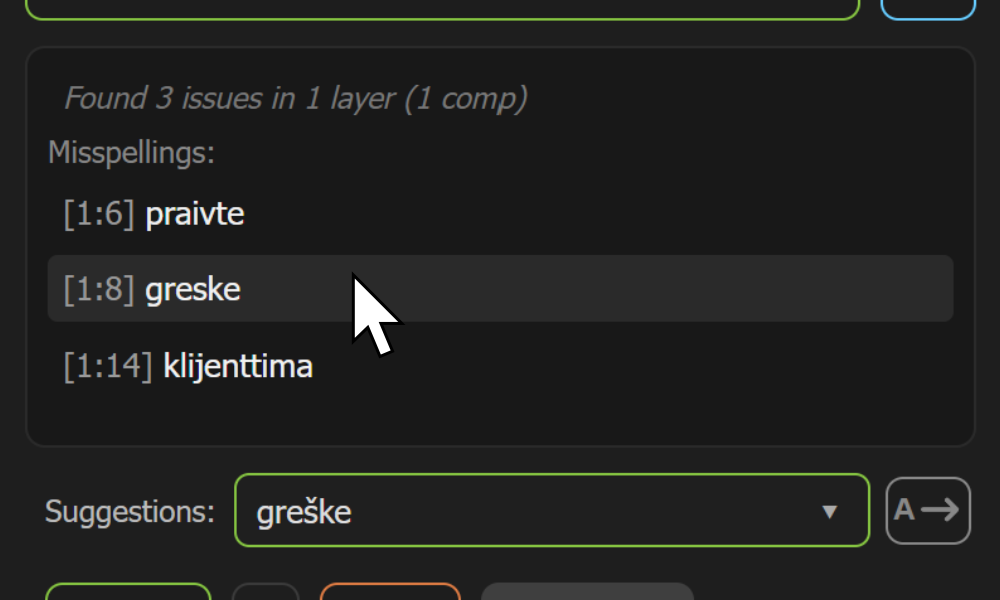 Lista pravopisnih grešaka u alatu AE Spell Checker sa izabranim rezultatom.