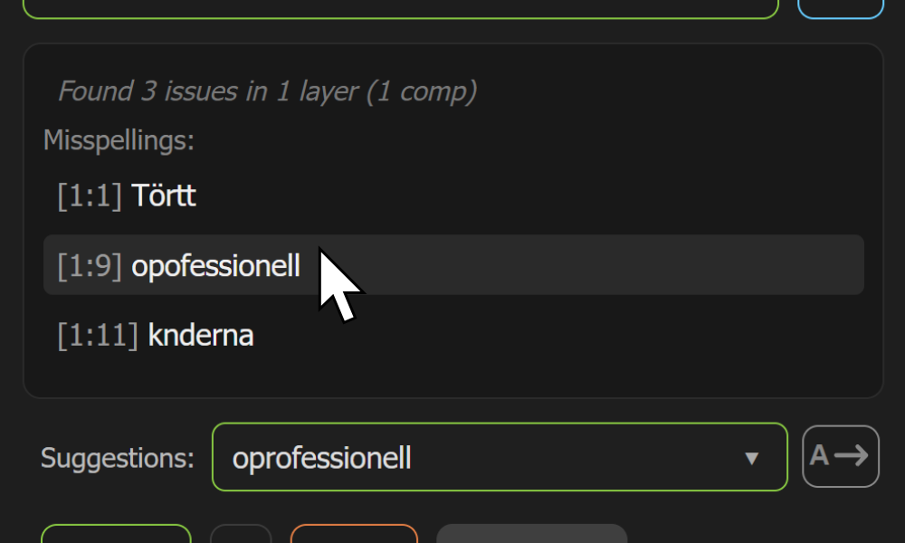 Engelsk skärmbild av AE Spell Checker i Adobe After Effects.