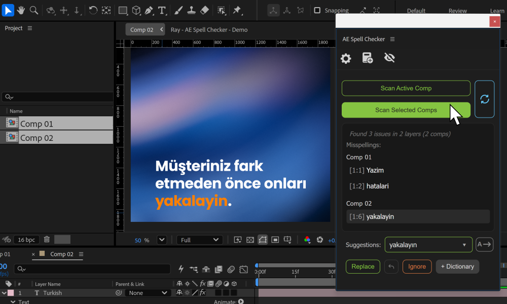 Adobe After Effects içinde AE Spell Checker panelinin İngilizce ekran görüntüsü.