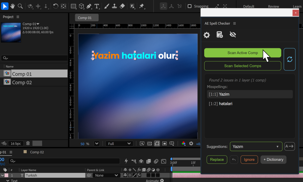 Adobe After Effects içinde AE Spell Checker panelinin İngilizce ekran görüntüsü.