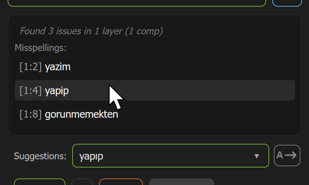 Adobe After Effects içinde AE Spell Checker panelinin İngilizce ekran görüntüsü.
